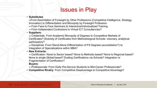 School of Business & Leadership | Jay Gary, PhD
Issues in Play
• Substitutes
--From Assimilation of Foresight by Other Professions (Competitive Intelligence, Strategy,
Innovation) to Differentiation and Monopoly by Foresight Profession
-- From Face to Face Seminars to Interactive/Individualized Training.
-- From Independent Contractors to Virtual ICT Consultancies?
• Suppliers:
-- Credentials: From Academic Monopoly of Degrees to Competitive Markets of
Certificates? Diversity of Certificates from Methodological Schools: visionary, analytical,
participatory?
-- Disciplines: From Stand-Alone Differentiation of FS Degrees (accreditation?) to
Integration of Specializations within MBA?
• New Entrants:
-- Certification: None to Sector based? None to Methods based? None to Regional based?
None to single Global based? Dueling Certifications via Schools? Integration or
Fragmentation of Certification?
Buyers:
-- Professionals: From Early Pre-Service Students to Mid-Career Professionals?
• Competitive Rivalry: From Competitive Disadvantage to Competitive Advantage?
 