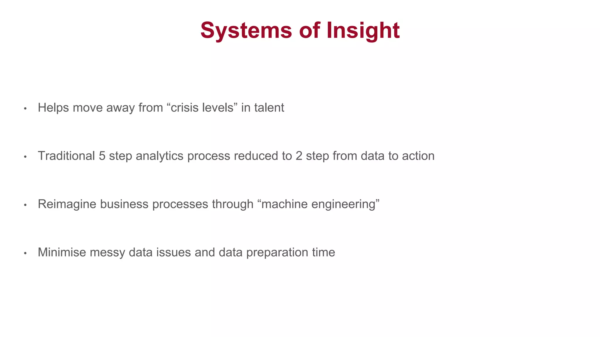 Systems of Insight
• Helps move away from “crisis levels” in talent
• Traditional 5 step analytics process reduced to 2 step from data to action
• Reimagine business processes through “machine engineering”
• Minimise messy data issues and data preparation time
 