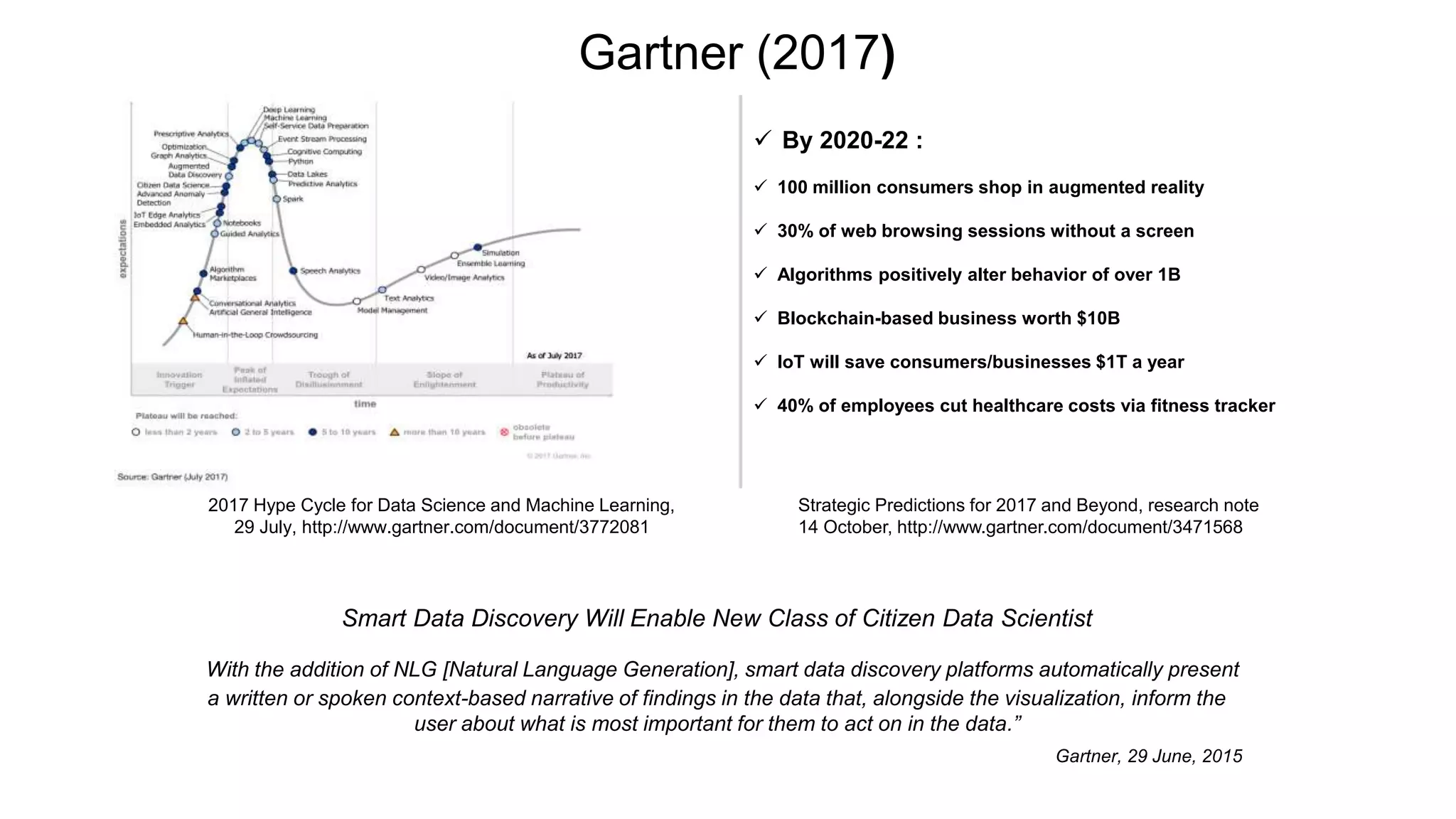 2017 Hype Cycle for Data Science and Machine Learning,
29 July, http://www.gartner.com/document/3772081
Gartner (2017)
Strategic Predictions for 2017 and Beyond, research note
14 October, http://www.gartner.com/document/3471568
 By 2020-22 :
 100 million consumers shop in augmented reality
 30% of web browsing sessions without a screen
 Algorithms positively alter behavior of over 1B
 Blockchain-based business worth $10B
 IoT will save consumers/businesses $1T a year
 40% of employees cut healthcare costs via fitness tracker
Smart Data Discovery Will Enable New Class of Citizen Data Scientist
“With the addition of NLG [Natural Language Generation], smart data discovery platforms automatically present
a written or spoken context-based narrative of findings in the data that, alongside the visualization, inform the
user about what is most important for them to act on in the data.”
Gartner, 29 June, 2015
 