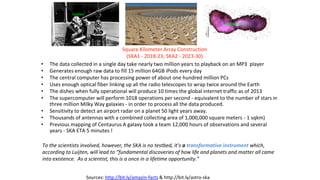 • The data collected in a single day take nearly two million years to playback on an MP3 player
• Generates enough raw data to fill 15 million 64GB iPods every day
• The central computer has processing power of about one hundred million PCs
• Uses enough optical fiber linking up all the radio telescopes to wrap twice around the Earth
• The dishes when fully operational will produce 10 times the global internet traffic as of 2013
• The supercomputer will perform 1018 operations per second - equivalent to the number of stars in
three million Milky Way galaxies - in order to process all the data produced.
• Sensitivity to detect an airport radar on a planet 50 light years away.
• Thousands of antennas with a combined collecting area of 1,000,000 square meters - 1 sqkm)
• Previous mapping of Centaurus A galaxy took a team 12,000 hours of observations and several
years - SKA ETA 5 minutes !
To the scientists involved, however, the SKA is no testbed, it’s a transformative instrument which,
according to Luijten, will lead to “fundamental discoveries of how life and planets and matter all came
into existence. As a scientist, this is a once in a lifetime opportunity.”
Sources: http://bit.ly/amazin-facts & http://bit.ly/astro-ska
Galileo
Square Kilometer Array Construction
(SKA1 - 2018-23; SKA2 - 2023-30)
Centaurus A
 