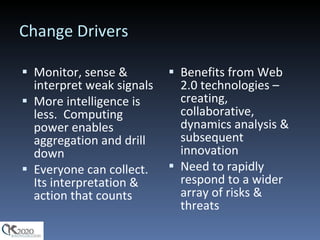 Change Drivers Monitor, sense & interpret weak signals More intelligence is less.  Computing power enables aggregation and drill down Everyone can collect. Its interpretation & action that counts Benefits from Web 2.0 technologies – creating, collaborative, dynamics analysis & subsequent innovation Need to rapidly respond to a wider array of risks & threats 