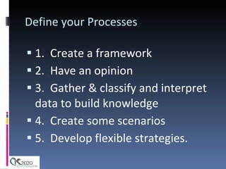 Define your Processes 1.  Create a framework 2.  Have an opinion 3.  Gather & classify and interpret data to build knowledge 4.  Create some scenarios 5.  Develop flexible strategies. 