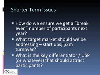 Shorter Term Issues How do we ensure we get a “break even” number of participants next year? What target market should we be addressing – start ups, $2m turnover? What is the key differentiator / USP (or whatever) that should attract participants? 