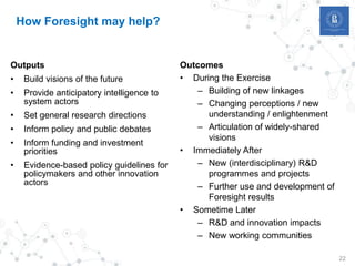 22
How Foresight may help?
Outputs
• Build visions of the future
• Provide anticipatory intelligence to
system actors
• Set general research directions
• Inform policy and public debates
• Inform funding and investment
priorities
• Evidence-based policy guidelines for
policymakers and other innovation
actors
Outcomes
• During the Exercise
– Building of new linkages
– Changing perceptions / new
understanding / enlightenment
– Articulation of widely-shared
visions
• Immediately After
– New (interdisciplinary) R&D
programmes and projects
– Further use and development of
Foresight results
• Sometime Later
– R&D and innovation impacts
– New working communities
 