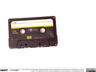 .
This presentation by myForesight – Malaysian Foresight Institute is licensed under a Creative Commons Attribution 3.0 unported
License. This basically allows you to use the presentation as you like as long as you acknowledge the source.
 