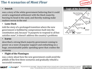 .
This presentation by myForesight – Malaysian Foresight Institute is licensed under a Creative Commons Attribution 3.0 unported
License. This basically allows you to use the presentation as you like as long as you acknowledge the source.
The 4 scenarios of Mont Fleur
• Ostrich
was a story of the white government believing that it could
avoid a negotiated settlement with the black majority,
burying its head in the sand, and thereby making make
matters worse in the end
• Lame Duck
told the story of a prolonged transition where the new
government is hobbled by compromises built into the
constitution and, because “it purports to respond to all but
satisfies none”, it doesn’t address the country’s problems
• Icarus
described a strong black majority government coming to
power on a wave of popular support and embarking on a
huge, unsustainable public spending spree that crashes the
economy
• Flight of the Flamingos
was a story about how the new government could avoid the
pitfalls of the first three scenarios and gradually rebuild a
successful economy
 