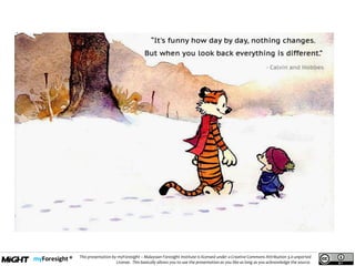 .
This presentation by myForesight – Malaysian Foresight Institute is licensed under a Creative Commons Attribution 3.0 unported
License. This basically allows you to use the presentation as you like as long as you acknowledge the source.
 