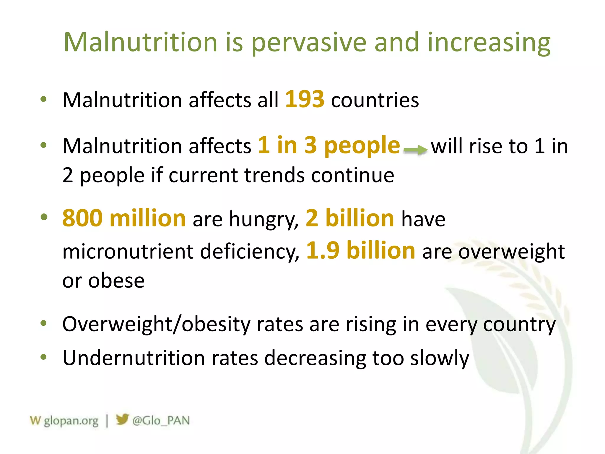 Malnutrition is pervasive and increasing
• Malnutrition affects all 193 countries
• Malnutrition affects 1 in 3 people will rise to 1 in
2 people if current trends continue
• 800 million are hungry, 2 billion have
micronutrient deficiency, 1.9 billion are overweight
or obese
• Overweight/obesity rates are rising in every country
• Undernutrition rates decreasing too slowly
 
