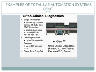 EXAMPLES OF TOTAL LAB AUTOMATION SYSTEMS
CONT.
 