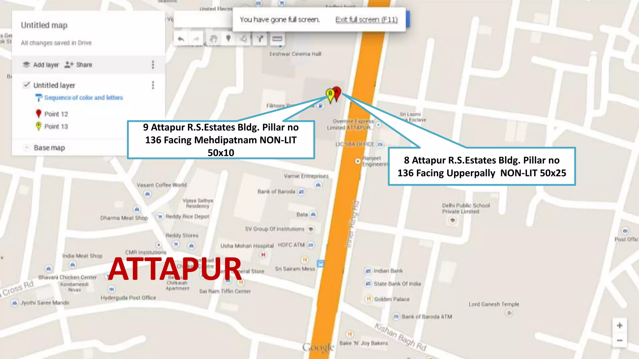ATTAPUR
8 Attapur R.S.Estates Bldg. Pillar no
136 Facing Upperpally NON-LIT 50x25
9 Attapur R.S.Estates Bldg. Pillar no
136 Facing Mehdipatnam NON-LIT
50x10
 