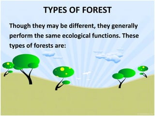 TYPES OF FORESTThough they may be different, they generallyperform the same ecological functions. These types of forests are: