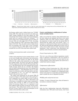 RESEARCH ARTICLES
CURRENT SCIENCE, VOL. 95, NO. 2, 25 JULY 2008 219
0
1000
2000
3000
4000
5000
6000
7000
8000
9000
10000
2006 2008 2010 2012 2014 2016 2018 2020 2022 2024 2026 2028 2030
Carbonstock(MtC)
Forest Short rotation Long rotation Natural regeneration
0
2000
4000
6000
8000
10000
12000
2006 2008 2010 2012 2014 2016 2018 2020 2022 2024 2026 2028 2030
Carbonstock(MtC)
Soil carbon Biomass carbon
Figure 6. Projected forest carbon stocks. a, Under the current trend scenario for existing forests and area afforested (short- and
long-rotation and natural regeneration). b, According to biomass and soil carbon.
the biomass carbon stock in Indian forests was 7.94 MtC
during 1880. This study does not provide soil carbon esti-
mates. Further estimates by the same authors for 1980
showed that forest biomass carbon stock had declined by
nearly half over a period of 100 years. Estimates17–19
of
forest carbon stock, including biomass and soil carbon for
the year 1986, are in the range 8.58–9.57 GtC. According
to a latest estimate by FAO4
, total forest carbon stock in
India is 10.01 GtC. Thus, the carbon stocks in Indian forests
have not declined, and in fact seem to have increased,
over a period of 20 years (1986–2005). Forest soil carbon
accounts for over 50% of the total forest carbon stock.
Carbon stock projections under current trend
scenario
Carbon stock projections for the existing forests as well
as new area brought under afforestation and reforestation
for the current trend scenario are made for the period
2006–30. The carbon stock projections are made using
the COMAP model. The forest cover data were obtained
from the projections made using the FSI area trends (Fig-
ure 3) and afforestation rates were obtained from the past
trends (average annual rate of 1.32 mha). The biomass
and soil carbon stock and growth rates were obtained from
published literature14,15
. The afforestation rate of 1.32 mha/
annum was allocated to short- and long-rotation and natu-
ral regeneration at 63.7, 32.2 and 4.1% respectively,
based on the previous years’ trend12
.
The carbon stock projections for the period 2006–30
are given in Figure 6. The carbon stock in the existing for-
ests is projected to be nearly stable over the 25-year pe-
riod at 8.79 GtC (Figure 6 a). When afforestation and
reforestation is included, the carbon stock is projected to
increase from 8.79 GtC in 2006 to 9.75 GtC by 2030,
about 11% increase (Figure 6 a). It is important to note
that COMAP model accounts for harvests and the result-
ing emissions. Thus, Indian forests will be a net sink over
the next 25 years. Figure 6 b shows the dominance of soil
carbon in the total forest carbon stock.
Factors contributing to stabilization of carbon
stocks in Indian forests
India is one of the few countries where deforestation rate
has been reduced and regulated and forest cover nearly
stabilized, unlike most other tropical countries. Further,
the projections of carbon stocks for the period 2006–30
showed that the carbon stock will increase. Thus, it is
important to understand the likely factors contributing to
the observed and projected stabilization of forest cover as
well as forest carbon stocks in India. The factors include
legislations, forest conservation and afforestation pro-
grammes, and community awareness and participation.
Forest Conservation Act, 1980
This Act is one of the most effective legislations contrib-
uting to reduction in deforestation. This was enacted to
reduce indiscriminate diversion of forest land for non-
forestry purposes, and to help regulate and control the re-
corded forest land-use changes.
Compensatory afforestation
According to Forest Conservation Act, 1980, when after
careful consideration forest land is released for any infra-
structure projects, it is mandatory for compensatory plan-
tations to be raised on an equivalent non-forested land or
equal to double the area on degraded forestland.
Wildlife parks and protected area
In India, 15.6 mha is Protected Area, where all human in-
tervention or extraction is banned.
Afforestation
India has been implementing large-scale afforestation/
reforestation since 1980 under social forestry, Joint Forest
 