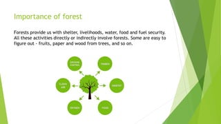 Importance of forest
Forests provide us with shelter, livelihoods, water, food and fuel security.
All these activities directly or indirectly involve forests. Some are easy to
figure out - fruits, paper and wood from trees, and so on.
 