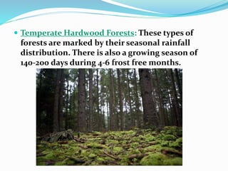  Temperate Hardwood Forests: These types of
forests are marked by their seasonal rainfall
distribution. There is also a growing season of
140-200 days during 4-6 frost free months.
 