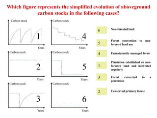 Which figure represents the simplified evolution of aboveground
carbon stocks in the following cases?
Years
Carbon stock
Years
Carbon stock
Years
Carbon stock
Years
Carbon stock
Years
Carbon stock
Years
Carbon stock
1
2
3
4
5
6
Non-forested land
Forest conversion to non-
forested land use
Unsustainably managed forest
Plantation established on non-
forested land and harvested
regularly
Forest converted to a
plantation
Conserved primary forest
6
5
4
1
3
2
 