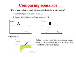 Years
Carbon
A
Years
Carbon
B
 For climate change mitigation, which is the best alternative?
 Conserving an undisturbed forest (A)
 Converting this forest to forest plantation (B)
Carbon emitted into the atmosphere under
scenario B compared to A= Carbon that
contributes to climate change
Answer: A
Years
Carbon
Comparing scenarios
 