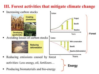 III. Forest activities that mitigate climate change
 Increasing carbon stocks
 Avoiding losses of carbon stocks
 Reducing emissions caused by forest
activities: Less energy, oil, fertilizers…
 Producing biomaterials and bio-energy
 