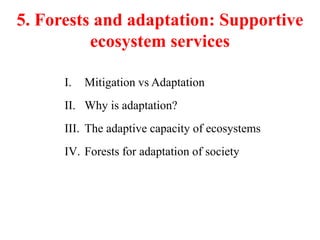 5. Forests and adaptation: Supportive
ecosystem services
I. Mitigation vs Adaptation
II. Why is adaptation?
III. The adaptive capacity of ecosystems
IV. Forests for adaptation of society
 