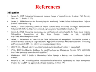 References
Mitigation
 Brown, S. 1997 Estimating biomass and biomass change of tropical forests. A primer. FAO Forestry
Paper no. 137. Rome, IT. 55p.
 Brown, S. 1999 Guidelines for Inventorying and Monitoring Carbon Offsets in Forest-Based Projects.
Winrock International. 14p.
 Brown, S. 2002a Measuring carbon in forests: current status and future challenges. Environmental
Pollution 116: 363-372. http://www.winrock.org/ecosystems/files/2002ForestCarbon.pdf
 Brown, S. 2002b Measuring, monitoring, and verification of carbon benefits for forest-based projects.
Philosophical Transactions of The Royal Society London A 360: 1669-1683.
http://www.winrock.org/ecosystems
 Brown, S. and Gaston, G. 1995 Use of Forest Inventories and Geographic Information Systems to
Estimate Biomass Density of Tropical Forests: Application to Tropical Africa.Environmental Monitoring
and Assessment 38: 157-168. http://www.winrock.org/ecosystems
 CO2FIX V3.1 Manual. http://www.efi.int/projects/casfor/downloads/co2fix3_1_manual.pdf
 IPCC. 2003 Good Practice Guidance for Land Use, Land-use Change and Forestry (GPG LULUCF).
http://www.ipccnggip.iges.or.jp/public/gpglulucf
 MacDicken. 1997 A Guide to Monitoring Carbon Storage in Forestry and Agroforestry Projects.
Winrock.
 Masera et al. 2003 Modelling carbon sequestration in afforestation, agroforestry and forest management
projects: the CO2FIX V.2 approach. Ecological modelling 164:177-199.
 