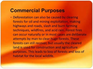 Commercial Purposes
 Deforestation can also be caused by clearing
forests for oil and mining exploitation, making
highways and roads, slash and burn farming
techniques, wildfires, and acid rain. Forest fires
can occur naturally or in most cases are deliberate
attempts by man to clear huge forests. These
forests can still recover, but usually the cleared
land is used for construction and agriculture
purposes. This leads to loss of forests and loss of
habitat for the local wildlife.
 
