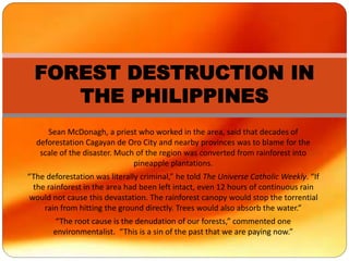 Sean McDonagh, a priest who worked in the area, said that decades of
deforestation Cagayan de Oro City and nearby provinces was to blame for the
scale of the disaster. Much of the region was converted from rainforest into
pineapple plantations.
“The deforestation was literally criminal,” he told The Universe Catholic Weekly. “If
the rainforest in the area had been left intact, even 12 hours of continuous rain
would not cause this devastation. The rainforest canopy would stop the torrential
rain from hitting the ground directly. Trees would also absorb the water.”
“The root cause is the denudation of our forests,” commented one
environmentalist. “This is a sin of the past that we are paying now.”
FOREST DESTRUCTION IN
THE PHILIPPINES
 
