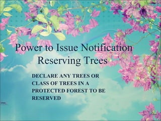 DECLARE ANY TREES OR
CLASS OF TREES IN A
PROTECTED FOREST TO BE
RESERVED
Power to Issue Notification
Reserving Trees
 