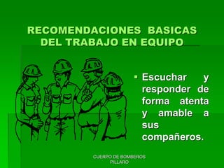 CUERPO DE BOMBEROS
PILLARO
 Escuchar y
responder de
forma atenta
y amable a
sus
compañeros.
RECOMENDACIONES BASICAS
DEL TRABAJO EN EQUIPO
 