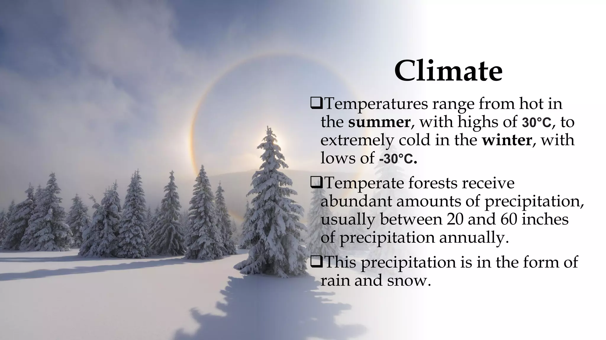 Climate
❑Temperatures range from hot in
the summer, with highs of 30°C, to
extremely cold in the winter, with
lows of -30°C.
❑Temperate forests receive
abundant amounts of precipitation,
usually between 20 and 60 inches
of precipitation annually.
❑This precipitation is in the form of
rain and snow.
 