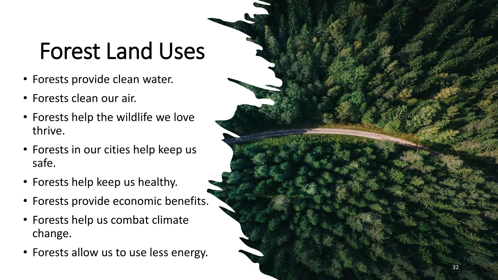 Forest Land Uses
• Forests provide clean water.
• Forests clean our air.
• Forests help the wildlife we love
thrive.
• Forests in our cities help keep us
safe.
• Forests help keep us healthy.
• Forests provide economic benefits.
• Forests help us combat climate
change.
• Forests allow us to use less energy.
32
 