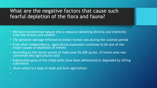 What are the negative factors that cause such
fearful depletion of the flora and fauna?
• We have transformed nature into a resource obtaining directly and indirectly
from the forests and wildlife
• The greatest damage inflicted on Indian forests was during the colonial period
• Even after independence, agricultural expansion continues to be one of the
major causes of depletion of forests
• According to the forest survey of India over 26,200 sq.km. of forest area was
converted into agricultural land
• Substantial parts of the tribal belts have been deforested or degraded by sifting
cultivation
• Jhum which is a type of slash and burn agriculture
•
 