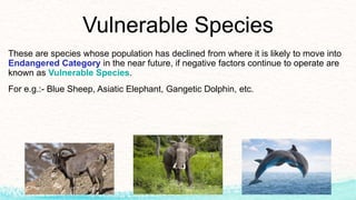 Vulnerable Species
These are species whose population has declined from where it is likely to move into
Endangered Category in the near future, if negative factors continue to operate are
known as Vulnerable Species.
For e.g.:- Blue Sheep, Asiatic Elephant, Gangetic Dolphin, etc.
 