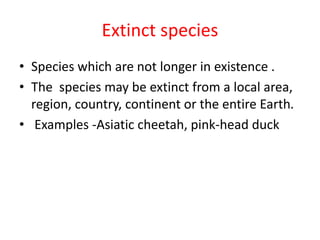 Extinct species
• Species which are not longer in existence .
• The species may be extinct from a local area,
region, country, continent or the entire Earth.
• Examples -Asiatic cheetah, pink-head duck
 