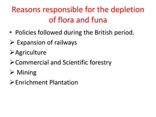 Reasons responsible for the depletion
of flora and funa
• Policies followed during the British period.
 Expansion of railways
Agriculture
Commercial and Scientific forestry
 Mining
Enrichment Plantation
 
