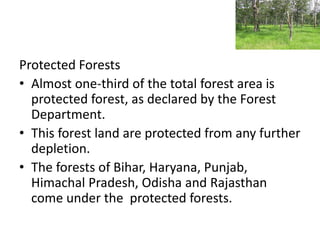 Protected Forests
• Almost one-third of the total forest area is
protected forest, as declared by the Forest
Department.
• This forest land are protected from any further
depletion.
• The forests of Bihar, Haryana, Punjab,
Himachal Pradesh, Odisha and Rajasthan
come under the protected forests.
 