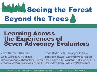 Seeing the Forest
Beyond the Trees
Learning Across
the Experiences of
Seven Advocacy Evaluators
Jared Raynor, TCC Group
Anne Gienapp, ORS Impact
Claire Hutchings, Oxfam Great Britain
Johanna Morariu, Innovation Network

David Devlin-Foltz, The Aspen Institute
Tom Kelly, Hawai`i Community Foundation
Robin Kane, RK Evaluation & Strategies LLC
Chair: Jara Dean-Coffey, jdcPartnerships

Evaluation 2013 | American Evaluation Association | October 19, 2013 | Washington, D.C.

 