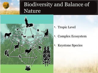 Biodiversity and Balance of
Nature
•. Tropic Level
•. Complex Ecosystem
•. Keystone Species

 