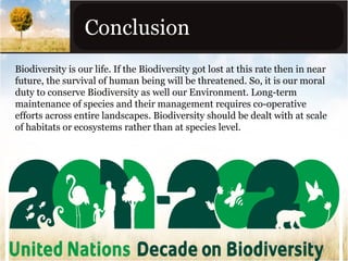Conclusion
Biodiversity is our life. If the Biodiversity got lost at this rate then in near
future, the survival of human being will be threatened. So, it is our moral
duty to conserve Biodiversity as well our Environment. Long-term
maintenance of species and their management requires co-operative
efforts across entire landscapes. Biodiversity should be dealt with at scale
of habitats or ecosystems rather than at species level.

 