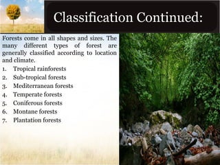 Classification Continued:
Forests come in all shapes and sizes. The
many different types of forest are
generally classified according to location
and climate.
1. Tropical rainforests
2. Sub-tropical forests
3. Mediterranean forests
4. Temperate forests
5. Coniferous forests
6. Montane forests
7. Plantation forests

 