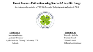 Forest Biomass Estimation using Sentinel-2 Satellite Image
An Assignment Presentation of FSE 701 Geospatial Technology and Application in NRM
Submitted to Submitted by
Jeetendra Gautam Dipendra Koirala
Assistant Professor Pramila Paudel
Agriculture and Forestry University, FOF Shishir Lamsal
Hetauda Bidhata Lammichhane
 