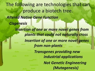 The following are technologies that can
produce a biotech tree.
Altered Native Gene Function
Cisgenesis
Insertion of one or more novel genes from
plants that could not naturally cross
Insertion of one or more novel genes
from non-plants
Transgenes providing new
industrial applications
Not Genetic Engineering
(Mutagenesis)
 