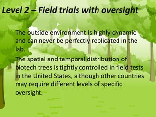 Level 2 – Field trials with oversight
The outside environment is highly dynamic
and can never be perfectly replicated in the
lab.
The spatial and temporal distribution of
biotech trees is tightly controlled in field tests
in the United States, although other countries
may require different levels of specific
oversight.
 