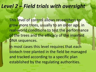 Level 2 – Field trials with oversight
This level of control allows researchers to
grow more trees, usually to an older age, in
real-world conditions to test the performance
of the trees and the efficacy of the inserted
DNA sequences.
In most cases this level requires that each
biotech tree planted in the field be managed
and tracked according to a specific plan
established by the regulating authorities.
 