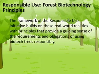 The framework of the Responsible Use
initiative builds on these real-world realities
with principles that provide a guiding sense of
the requirements and obligations of using
biotech trees responsibly.
Responsible Use: Forest Biotechnology
Principles
 
