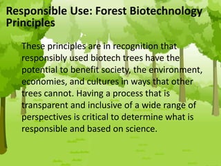 These principles are in recognition that
responsibly used biotech trees have the
potential to benefit society, the environment,
economies, and cultures in ways that other
trees cannot. Having a process that is
transparent and inclusive of a wide range of
perspectives is critical to determine what is
responsible and based on science.
Responsible Use: Forest Biotechnology
Principles
 