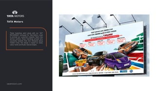 TATA Motors
These hoardings went along with our "GET
RECHARGED" campaign for Tata Motors. Used
to prompt our customers towards Tata's new
service centres, these hoardings proved very
successful towards that end. Designed along
modern lines, this design is based on sharp
colour tones and ﬂuidic natural shapes.
tatamotors.com
 