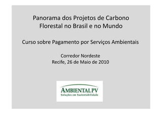 Panorama dos Projetos de Carbono
      Florestal no Brasil e no Mundo

Curso sobre Pagamento por Serviços Ambientais

               Corredor Nordeste
           Recife, 26 de Maio de 2010
 