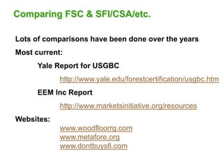 Comparing FSC & SFI/CSA/etc.
Lots of comparisons have been done over the years
Most current:
Yale Report for USGBC
http://www.yale.edu/forestcertification/usgbc.htm
EEM Inc Report
http://www.marketsinitiative.org/resources
Websites:
www.woodfloorrg.com
www.metafore.org
www.dontbuysfi.com
 