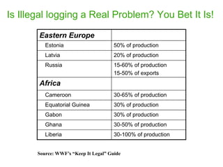 Is Illegal logging a Real Problem? You Bet It Is!
Eastern Europe
Estonia 50% of production
Latvia 20% of production
Russia 15-60% of production
15-50% of exports
Africa
Cameroon 30-65% of production
Equatorial Guinea 30% of production
Gabon 30% of production
Ghana 30-50% of production
Liberia 30-100% of production
Source: WWF’s “Keep It Legal” Guide
 