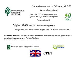 Currently governed by DC non-profit SFB
(www.aboutsfi.org)
Origins: AF&PA and its member companies
Weyerhaeuser, International Paper, GP, LP, Boise Cascade, etc.
Part of PEFC, European-based,
global through mutual recognition
(www.pefc.org)
Current drivers: AF&PA and its member companies, some government
purchasing programs, Green Globes
CPET
 