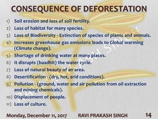 Monday, December 11, 2017 RAVI PRAKASH SINGH 14
CONSEQUENCE OF DEFORESTATION
1) Soil erosion and loss of soil fertility.
2) Loss of habitat for many species.
3) Loss of Biodiversity - Extinction of species of plants and animals.
4) Increases greenhouse gas emissions leads to Global warming
(Climate change).
5) Shortage of drinking water at many places.
6) It disrupts (baadhit) the water cycle.
7) Loss of natural beauty of an area.
8) Desertification - (dry, hot, arid conditions).
9) Pollution - (ground, water and air pollution from oil extraction
and mining chemicals).
10) Displacement of people.
11) Loss of culture.
 
